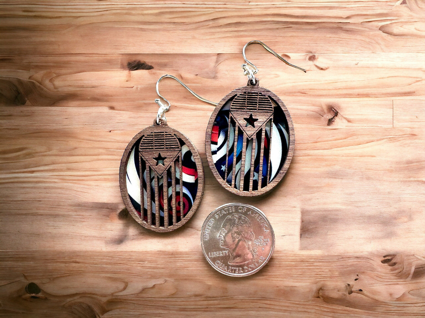 Puerto Rico Flag Earrings: Walnut Wood Old San Juan albizu campos Door Design, stained glass look