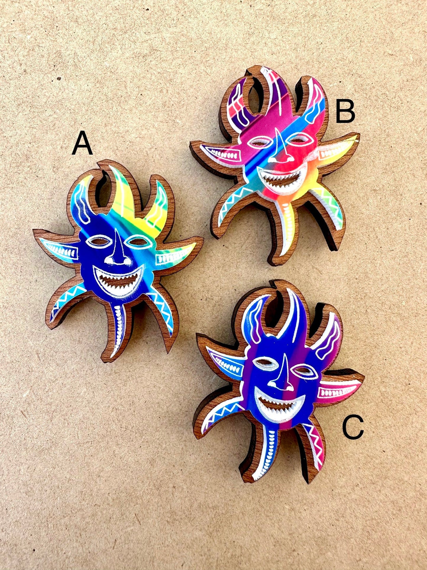 Handmade Vejigante wood and acrylic Magnet: Colorful Puerto Rico Carnival Mask Art