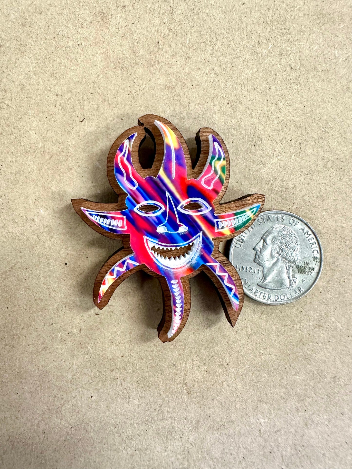 Handmade Vejigante wood and acrylic Magnet: Colorful Puerto Rico Carnival Mask Art
