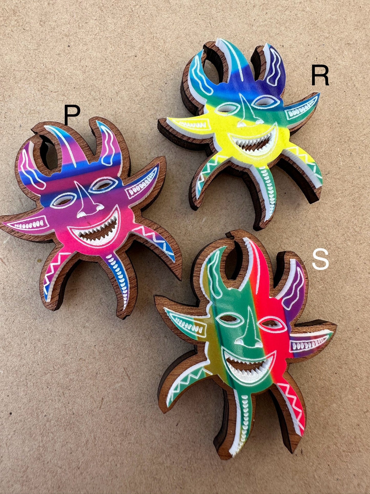 Handmade Vejigante wood and acrylic Magnet: Colorful Puerto Rico Carnival Mask Art
