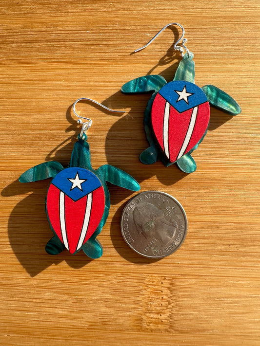 Puerto Rican Flag Sea Turtle Earrings: Hand-Painted Caribbean Art