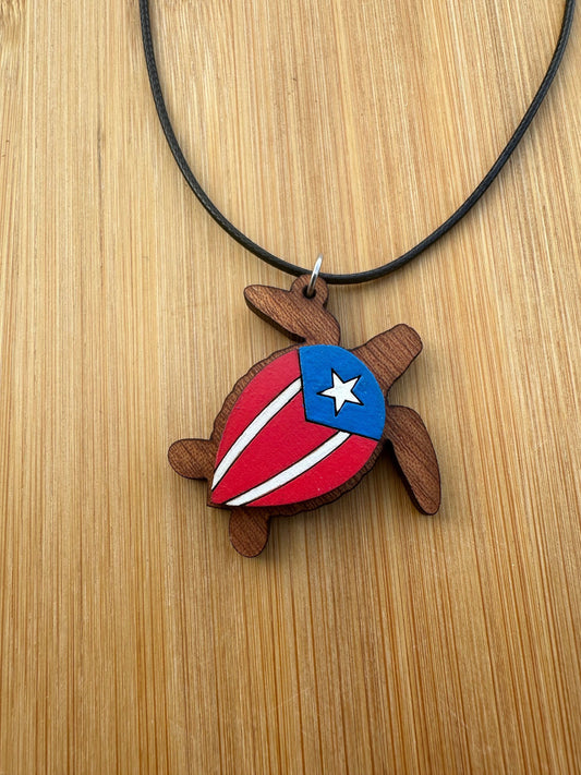Hand-Painted Sea Turtle Pendant: Puerto Rican Flag Art, Sapele Wood