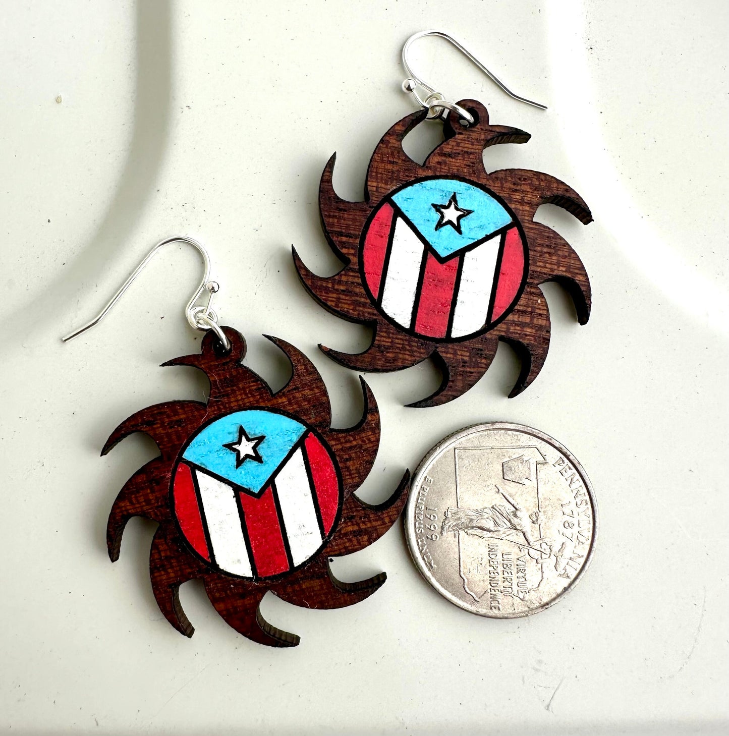 Tribal Sun Puerto Rican Flag Earrings: Sapele Wood hand painted Dangle Jewelry