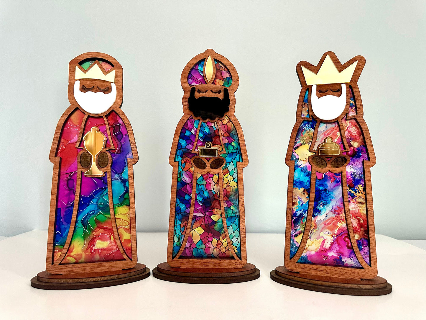 Handmade Three Kings Wooden Figures large: Stained Glass Look Candle Holders, Puerto Rico art