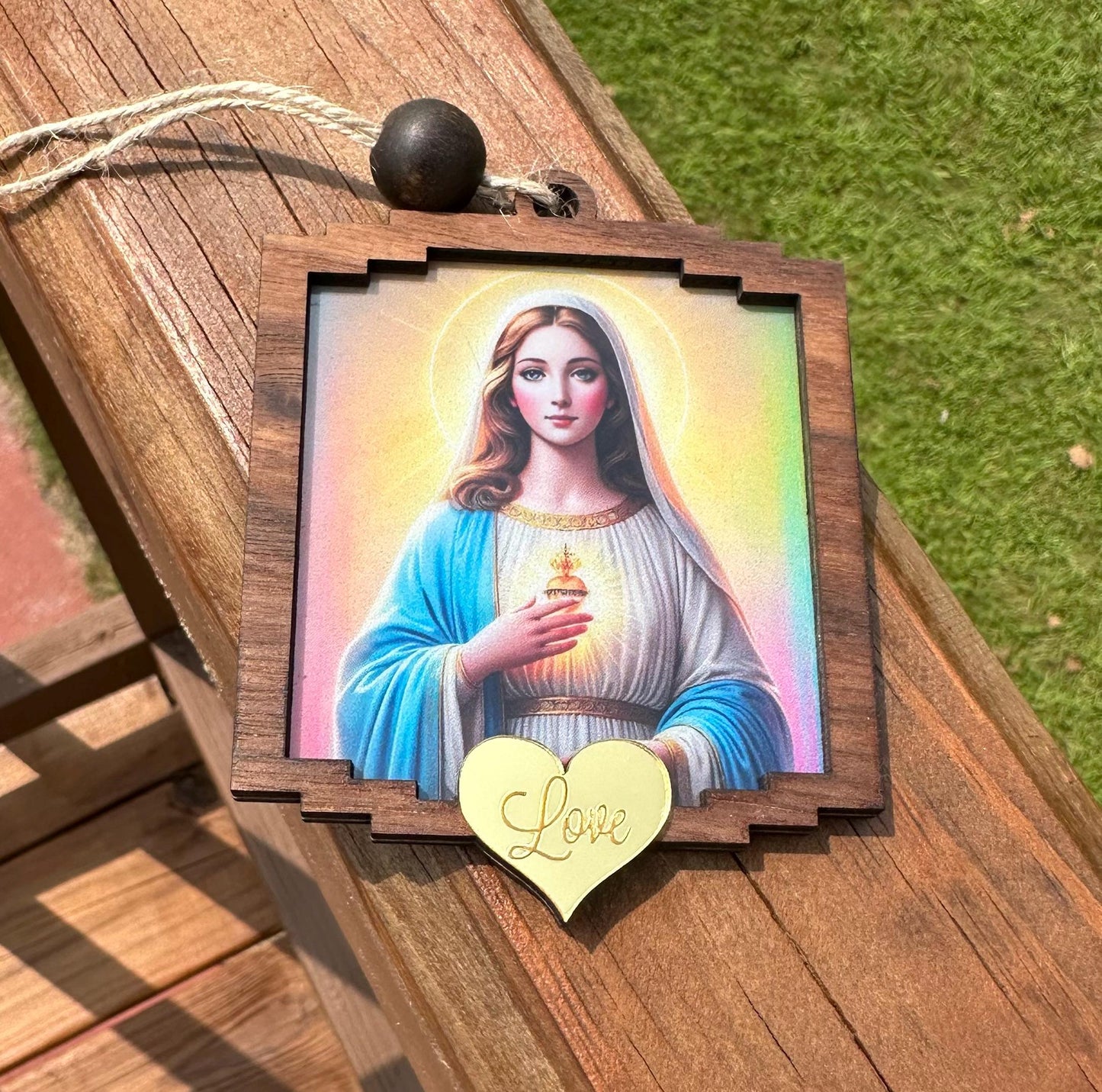 Virgin Mary Ornament: Sacred Heart Suncatcher, Religious Christmas Keepsake, stained glass look window art