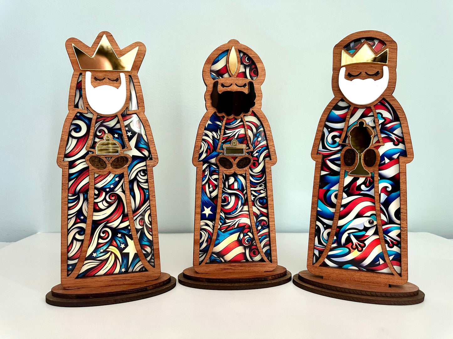 Handmade Three Kings Wooden Figures large: Stained Glass Look Candle Holders, Puerto Rico art