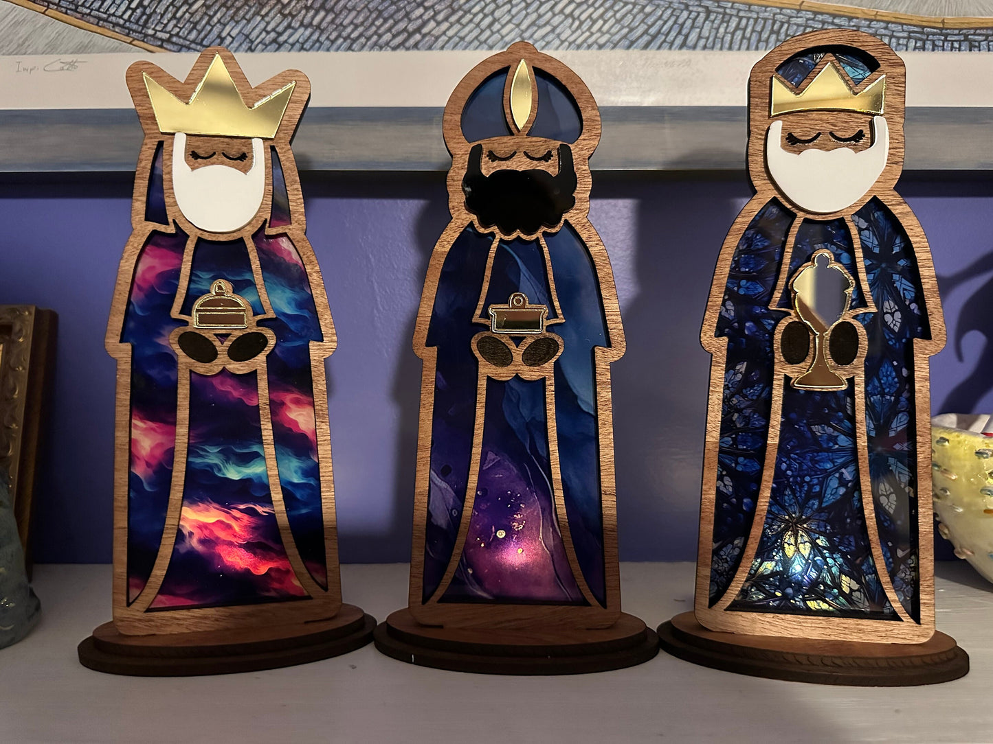 Handmade Three Kings Wooden Figures large: Stained Glass Look Candle Holders, Puerto Rico art