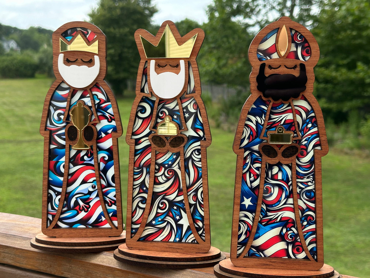 Handmade Three Kings Wooden Figures large: Stained Glass Look Candle Holders, Puerto Rico art