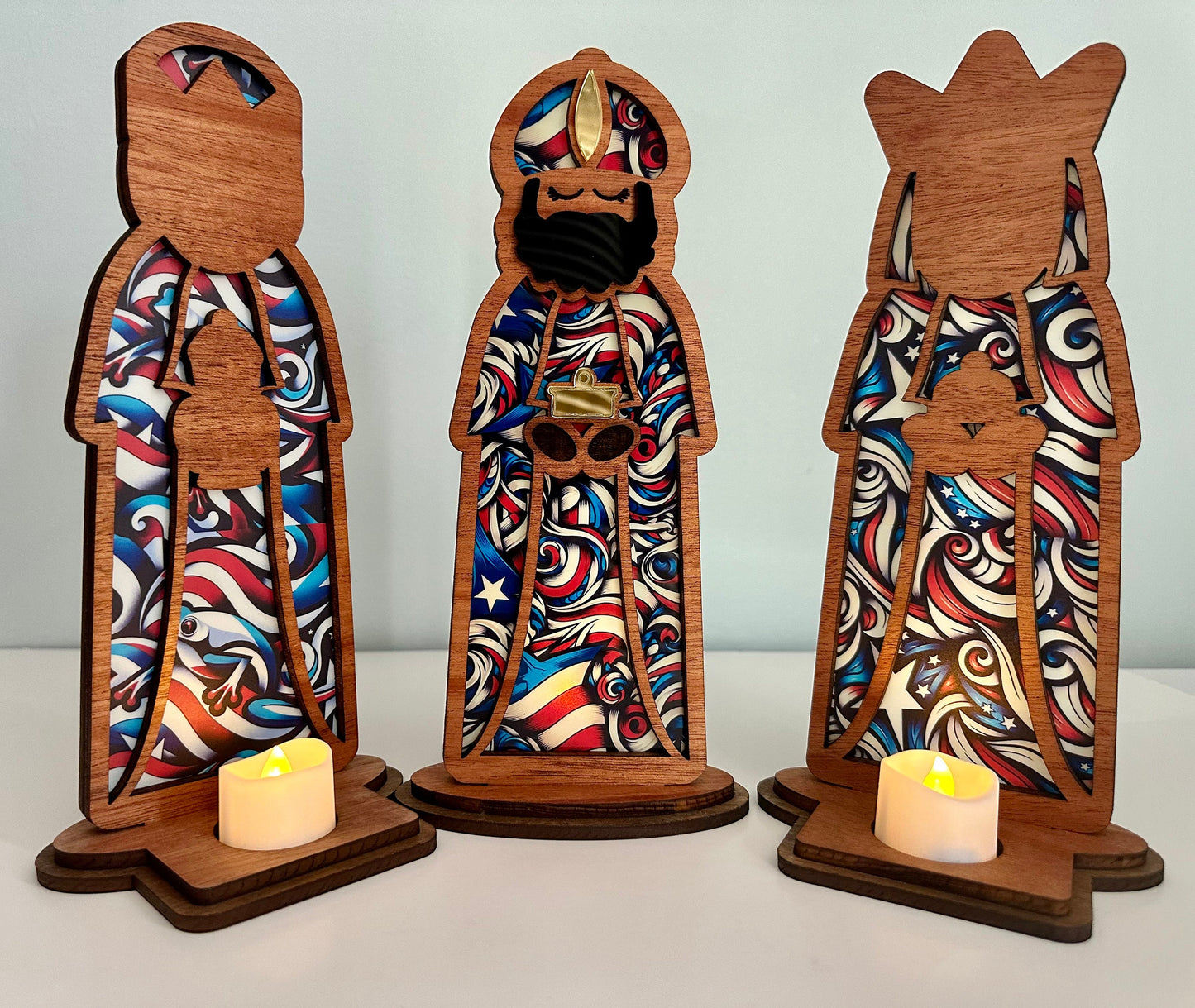 Handmade Three Kings Wooden Figures large: Stained Glass Look Candle Holders, Puerto Rico art