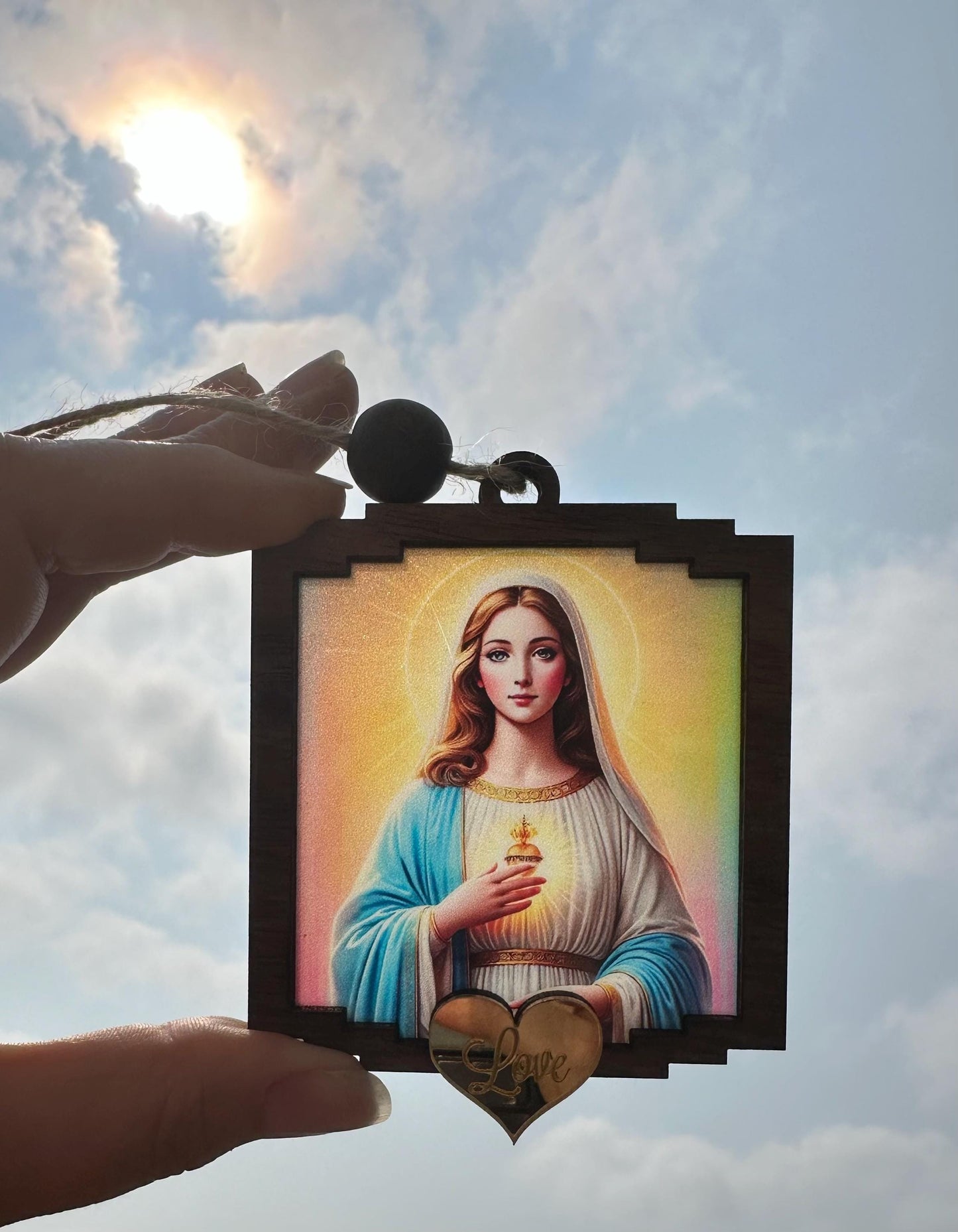 Virgin Mary Ornament: Sacred Heart Suncatcher, Religious Christmas Keepsake, stained glass look window art