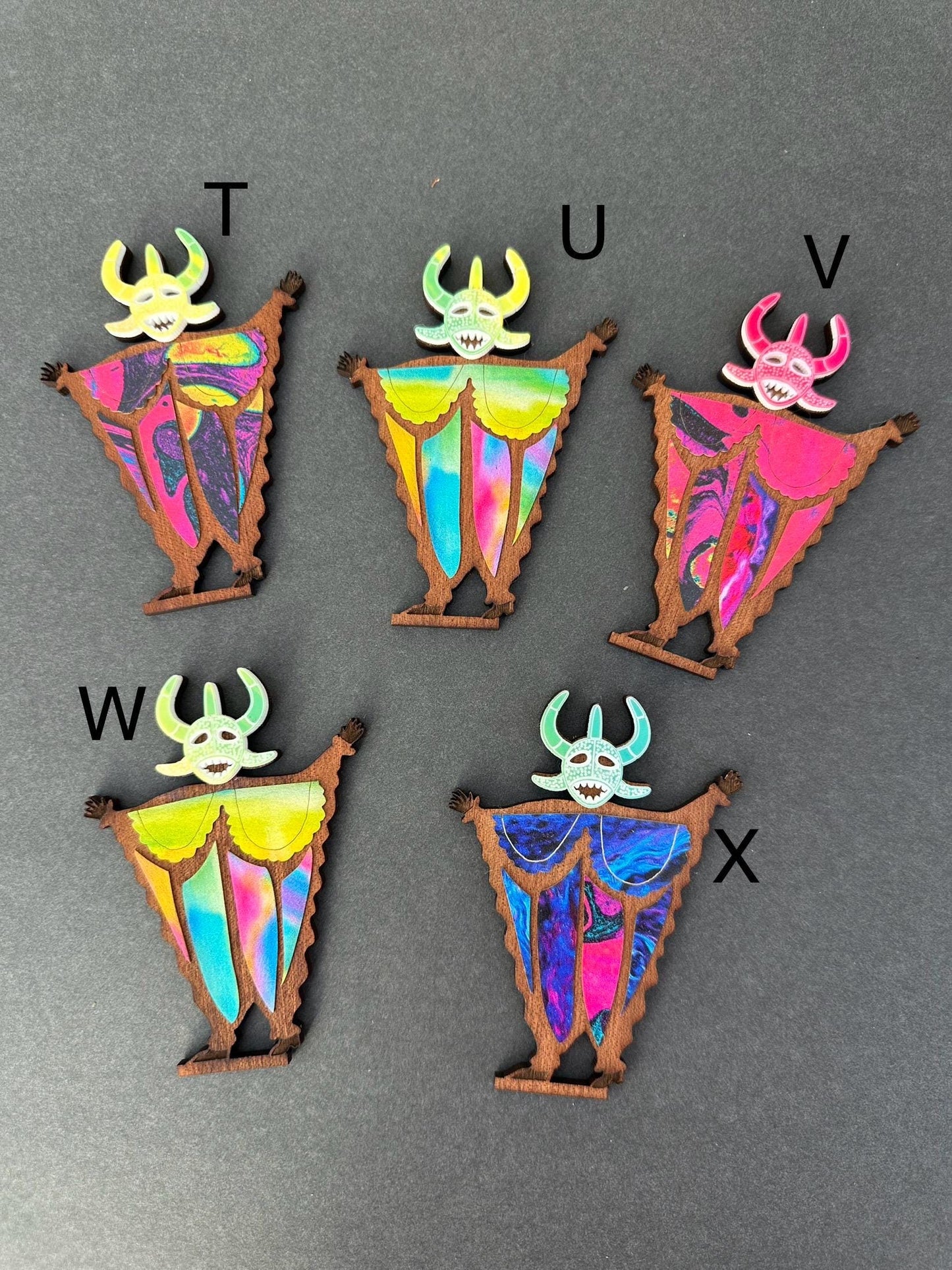 Tiny Vejigante Figurine: Colorful Puerto Rican Carnival wood Statue, shelf sitter, desk art