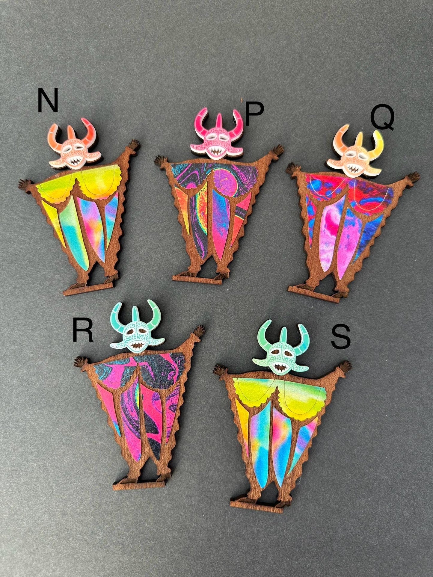 Tiny Vejigante Figurine: Colorful Puerto Rican Carnival wood Statue, shelf sitter, desk art