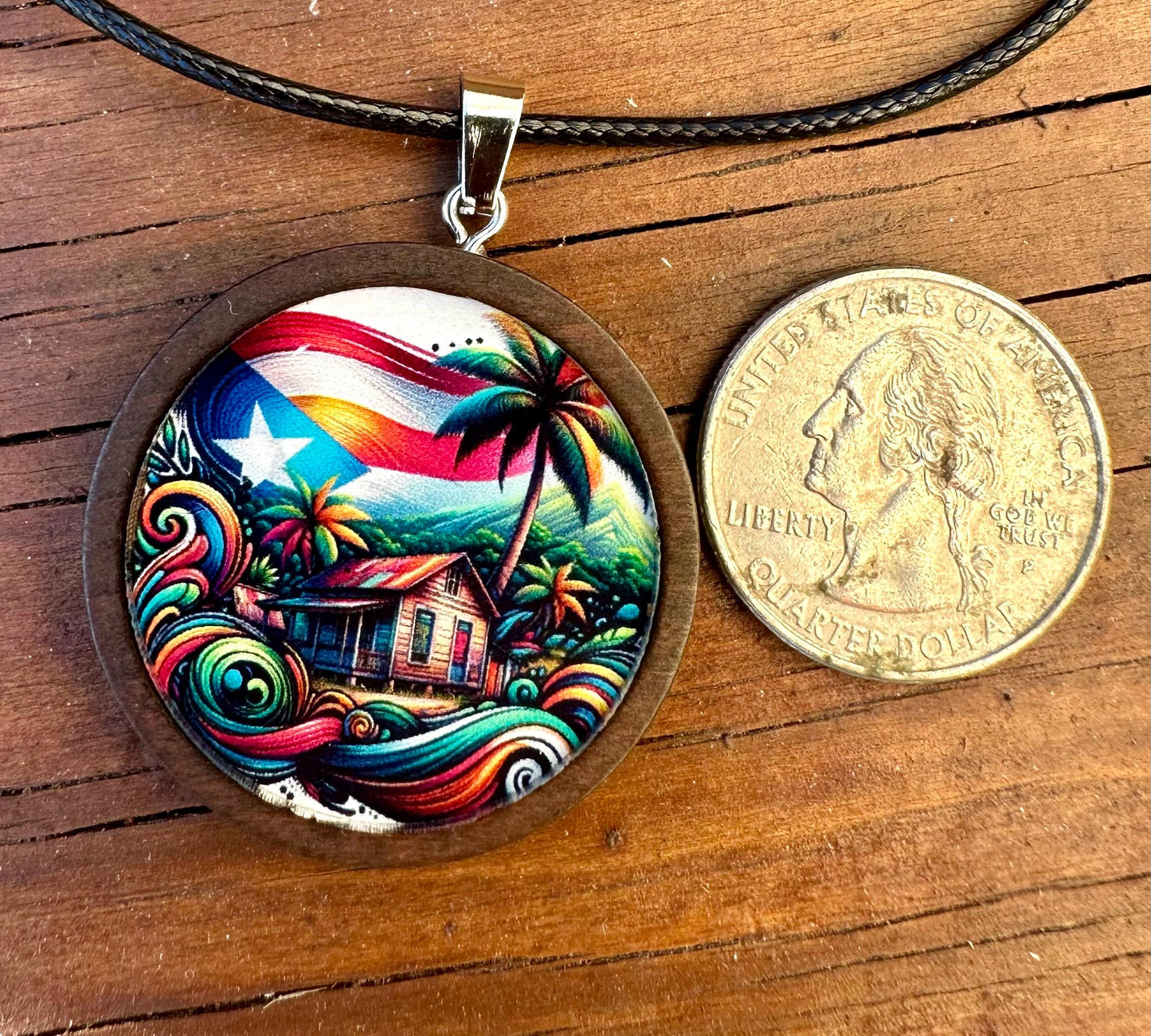 Puerto Rican Flag Casita Necklace: Wooden Pendant, Boricua Jewelry