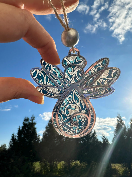 Angel Suncatcher: Silver Mirror & Faux Stained Glass Ornament