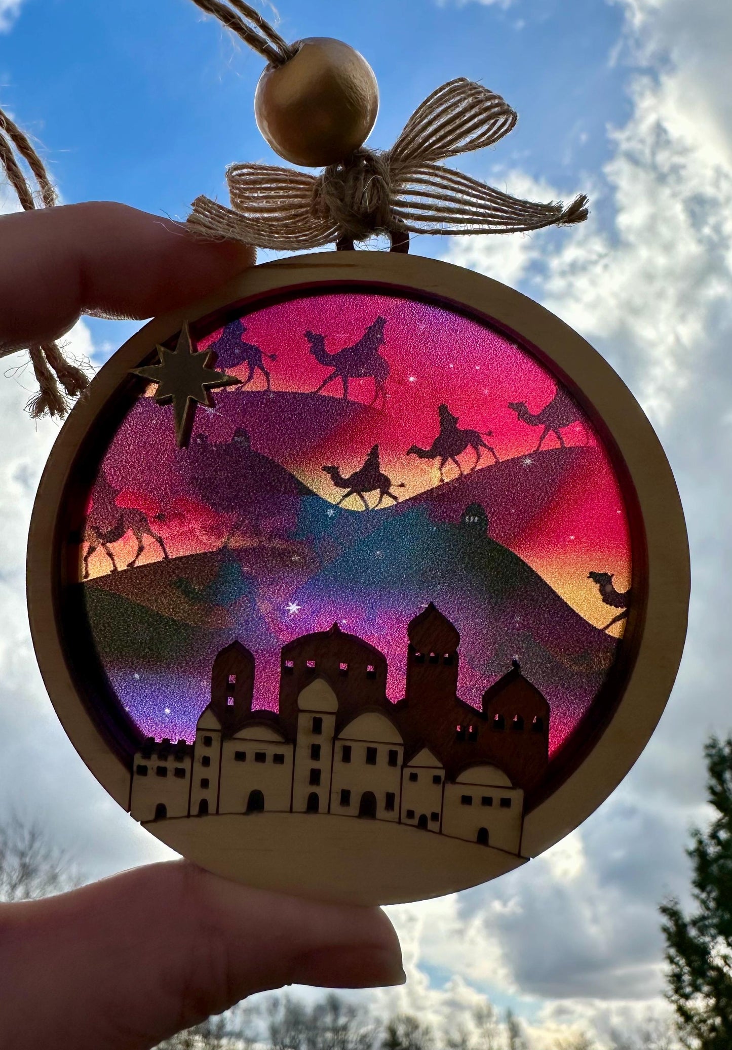 Three Kings Ornament: Multilayer Nativity Suncatcher, Handmade Wood Art