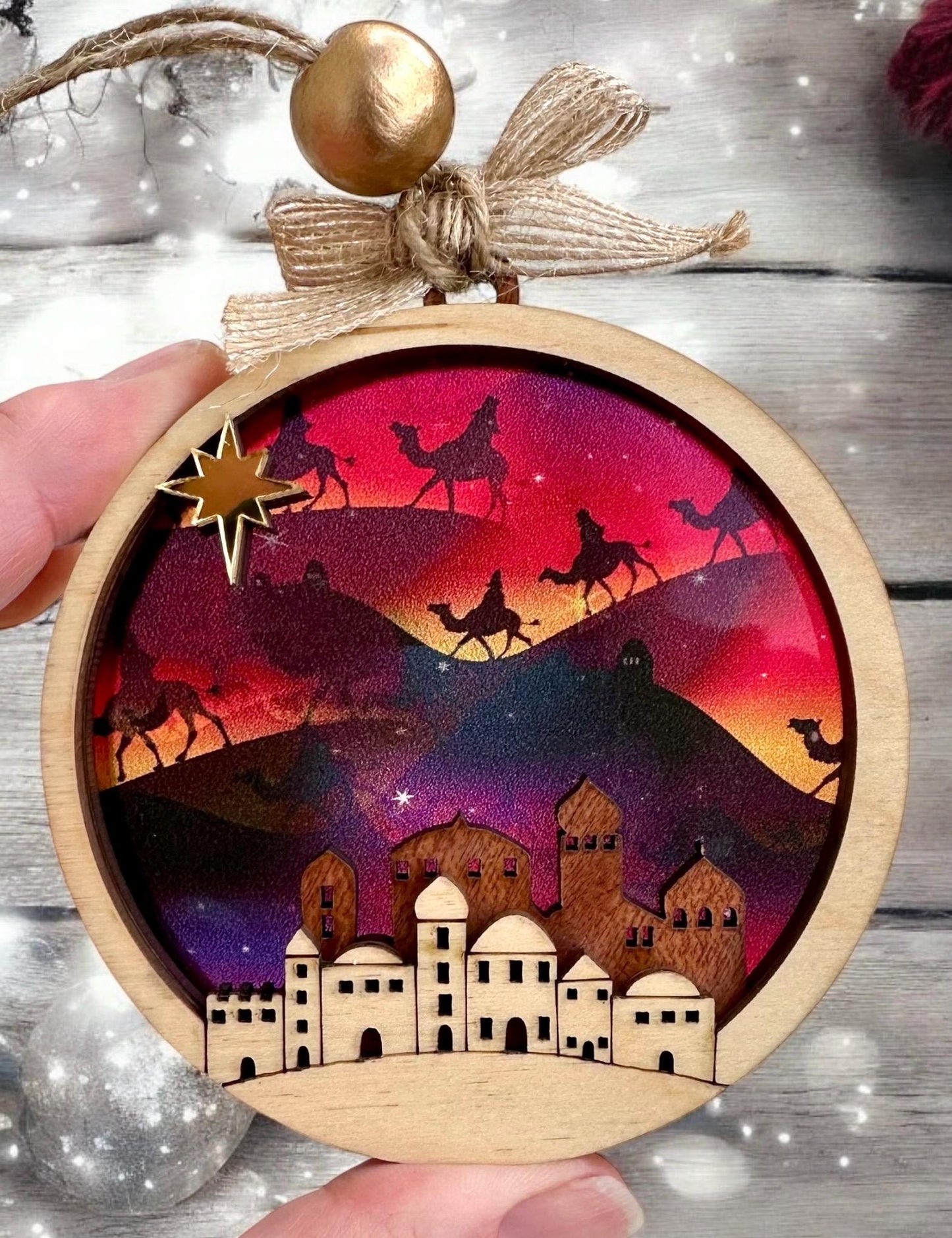 Three Kings Ornament: Multilayer Nativity Suncatcher, Handmade Wood Art