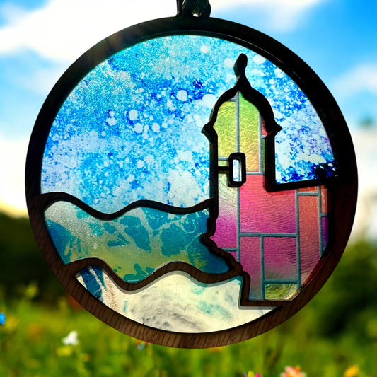 El Morro garita Suncatcher: Acrylic and Red Oak Puerto Rico Art, stained glass look window art