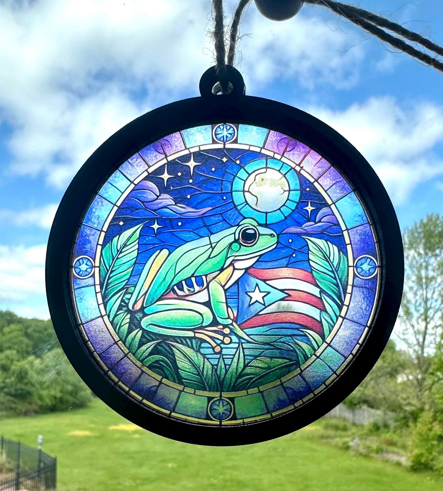 Coqui Suncatcher Car Charm: Puerto Rico Flag ornament, Boricua Pride Suncatcher