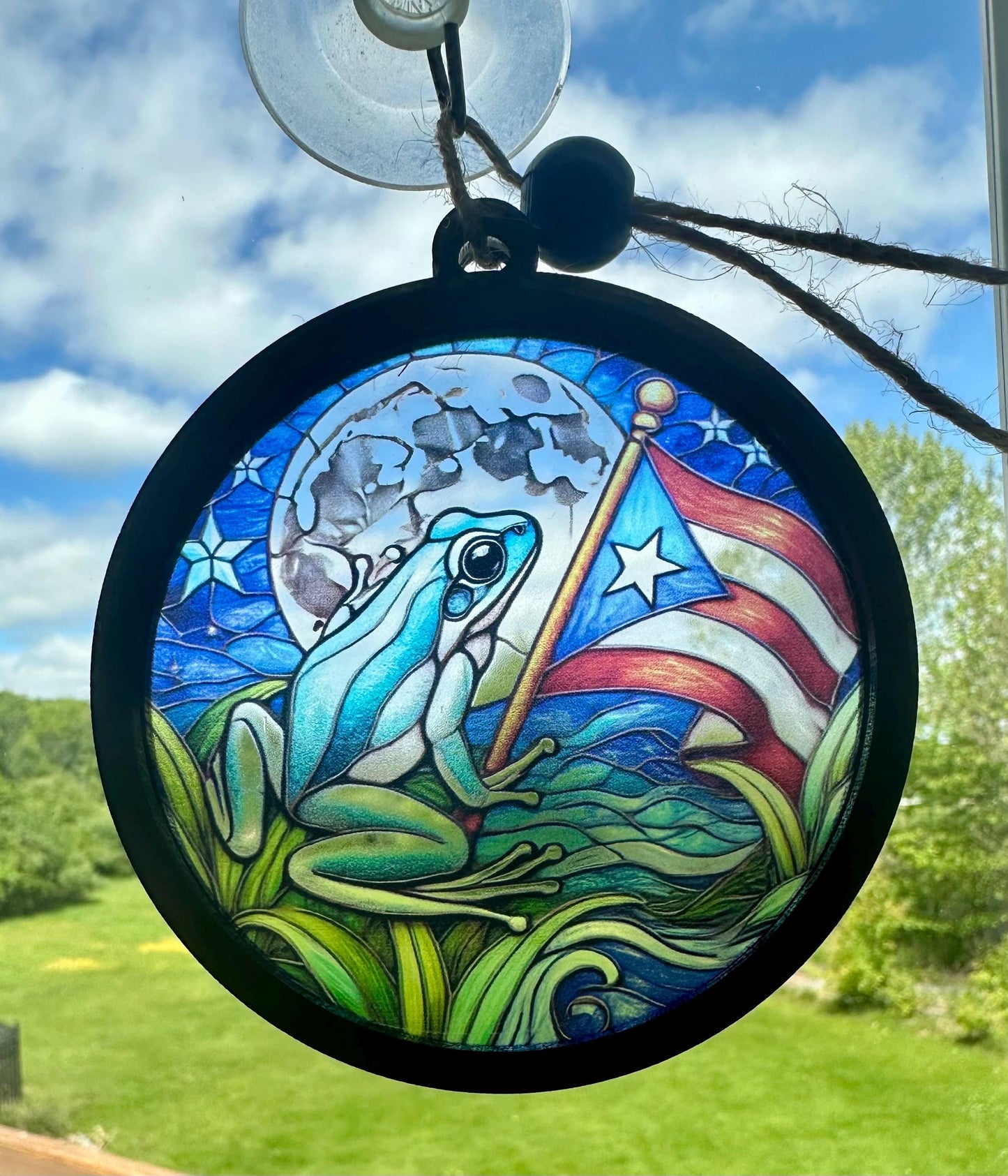 Coqui Suncatcher Car Charm: Puerto Rico Flag ornament, Boricua Pride Suncatcher