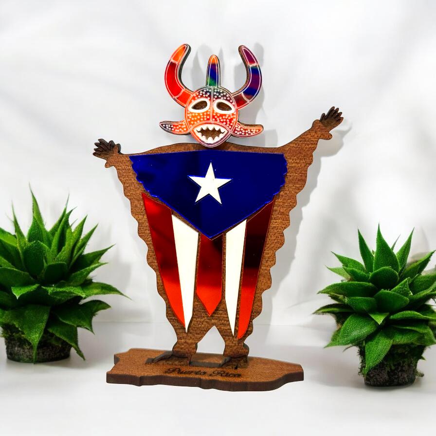 Handmade Vejigante Puerto Rican Flag Wood Figure, Desk Decor