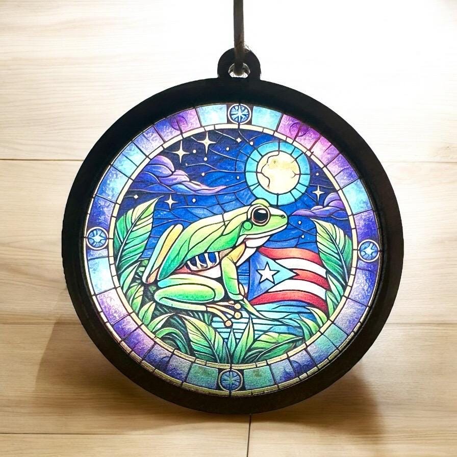 Coqui Suncatcher Car Charm: Puerto Rico Flag ornament, Boricua Pride Suncatcher