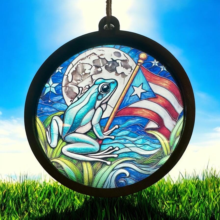 Coqui Suncatcher Car Charm: Puerto Rico Flag ornament, Boricua Pride Suncatcher