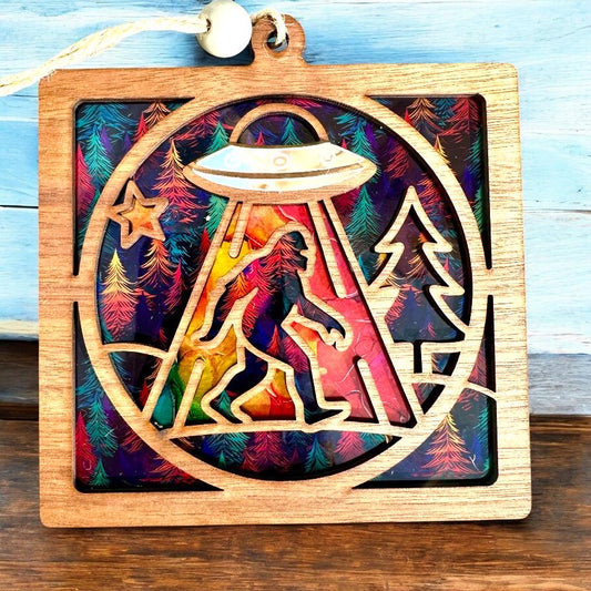 Bigfoot Abduction Suncatcher: Silver UFO Beam Window Decor