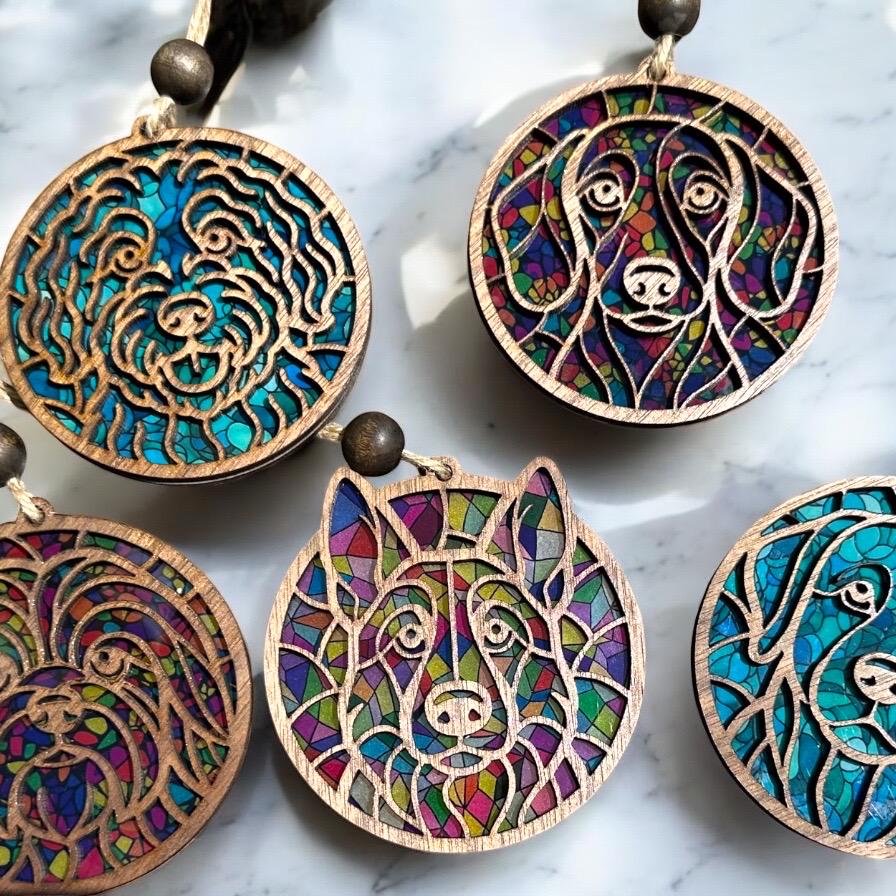 Walnut Wood Dog Breed Ornament: Stained Glass look Suncatcher Car Charm