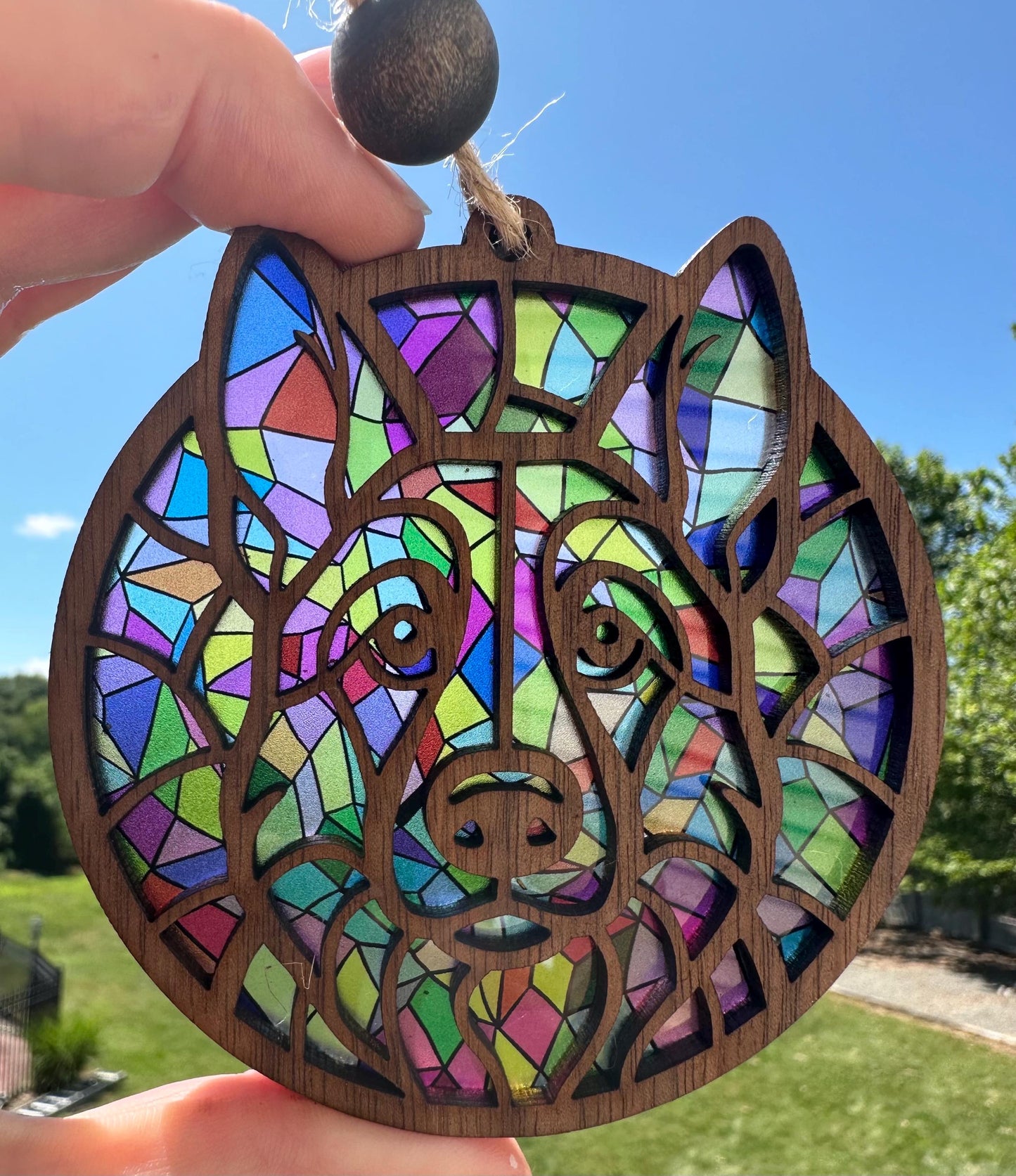 Walnut Wood Dog Breed Ornament: Stained Glass look Suncatcher Car Charm