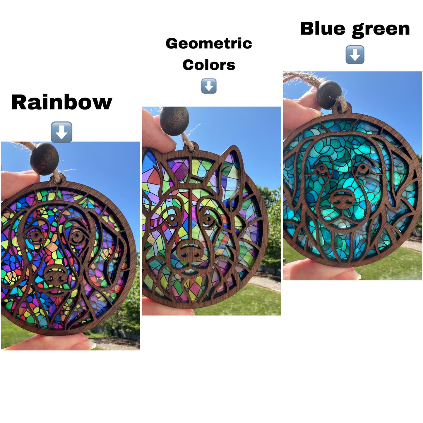 Walnut Wood Dog Breed Ornament: Stained Glass look Suncatcher Car Charm