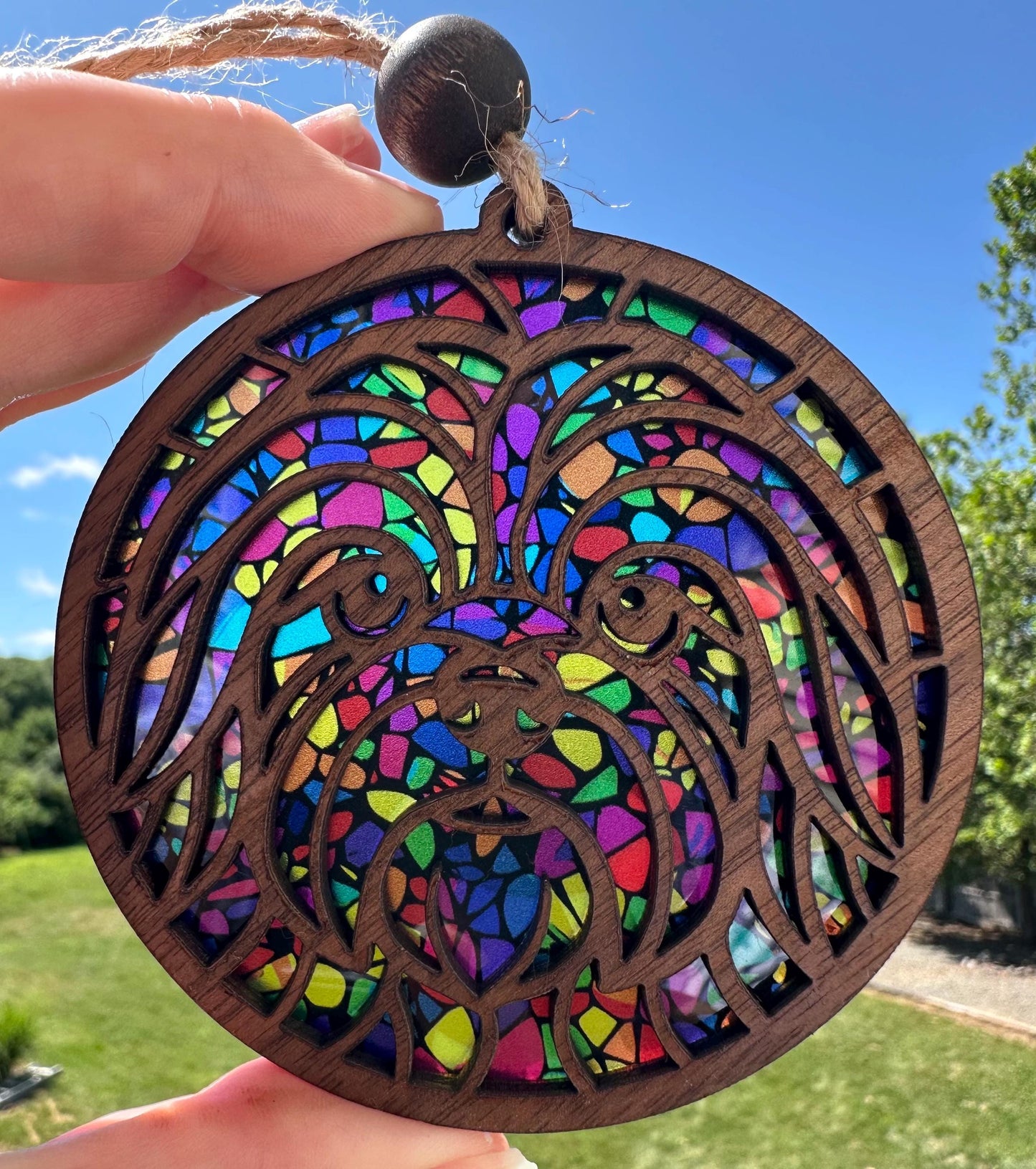 Walnut Wood Dog Breed Ornament: Stained Glass look Suncatcher Car Charm