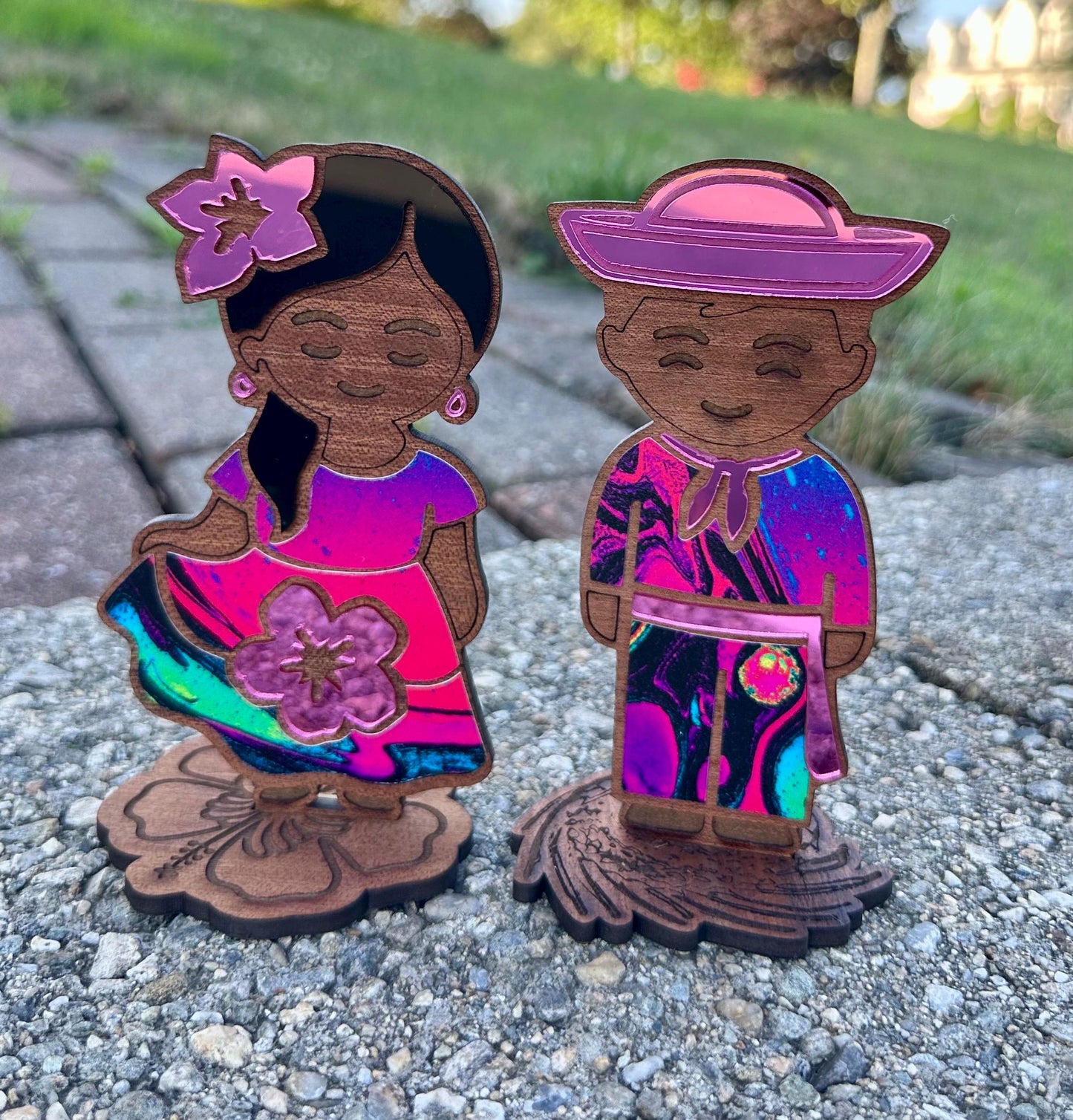 Handmade Puerto Rican Jibaro plena bomba Dancers, Flor de Maga & Pava Hat