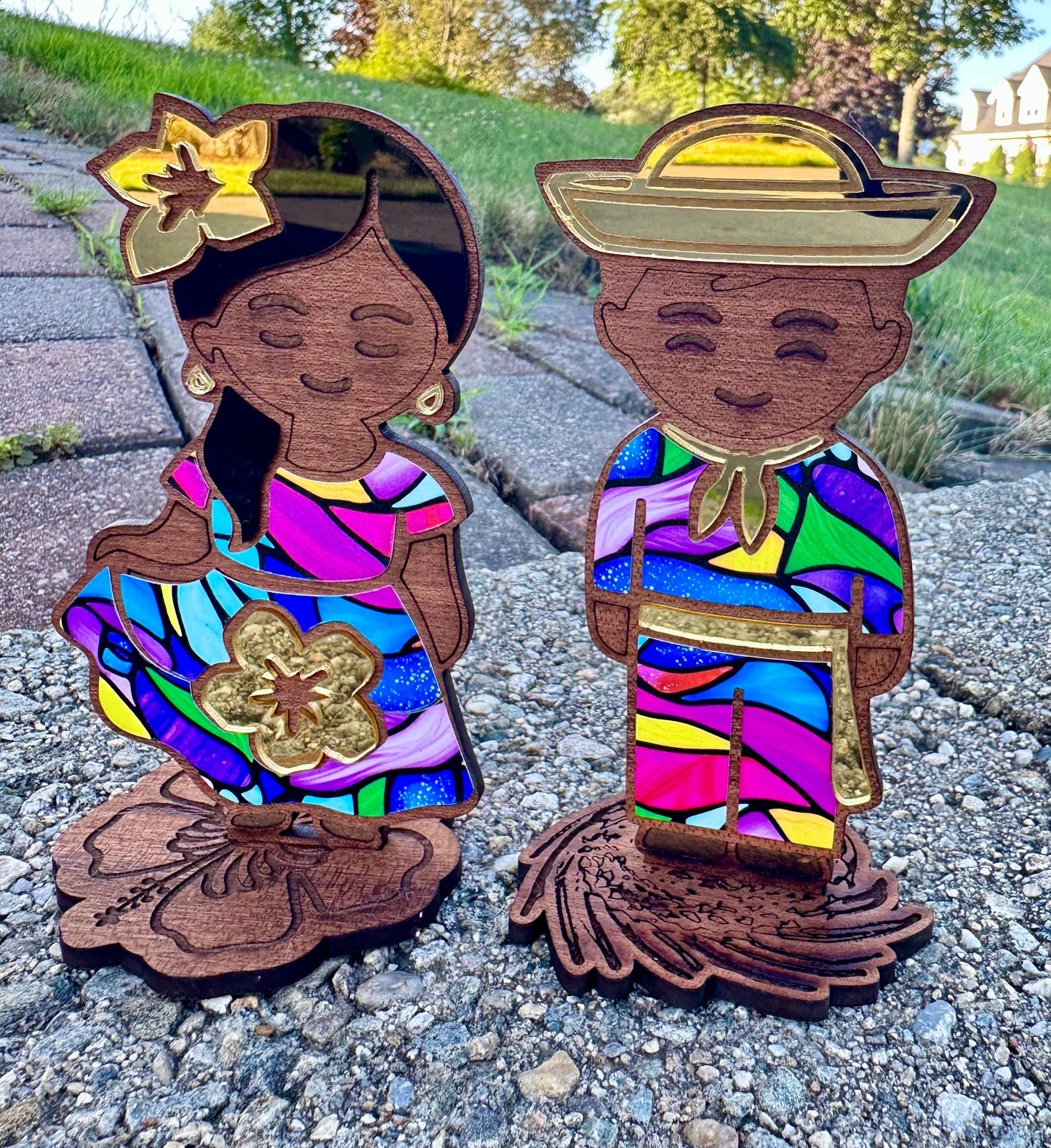 Handmade Puerto Rican Jibaro plena bomba Dancers, Flor de Maga & Pava Hat