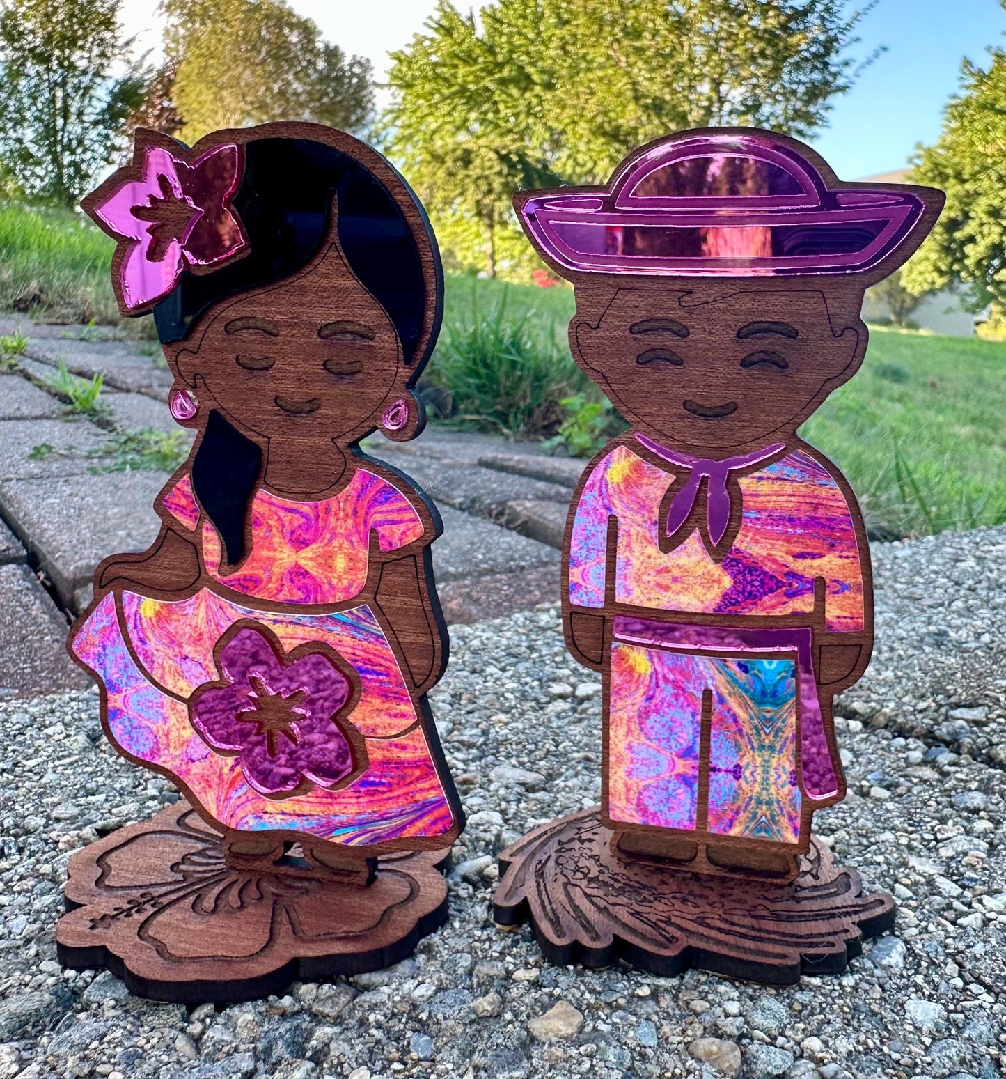 Handmade Puerto Rican Jibaro plena bomba Dancers, Flor de Maga & Pava Hat