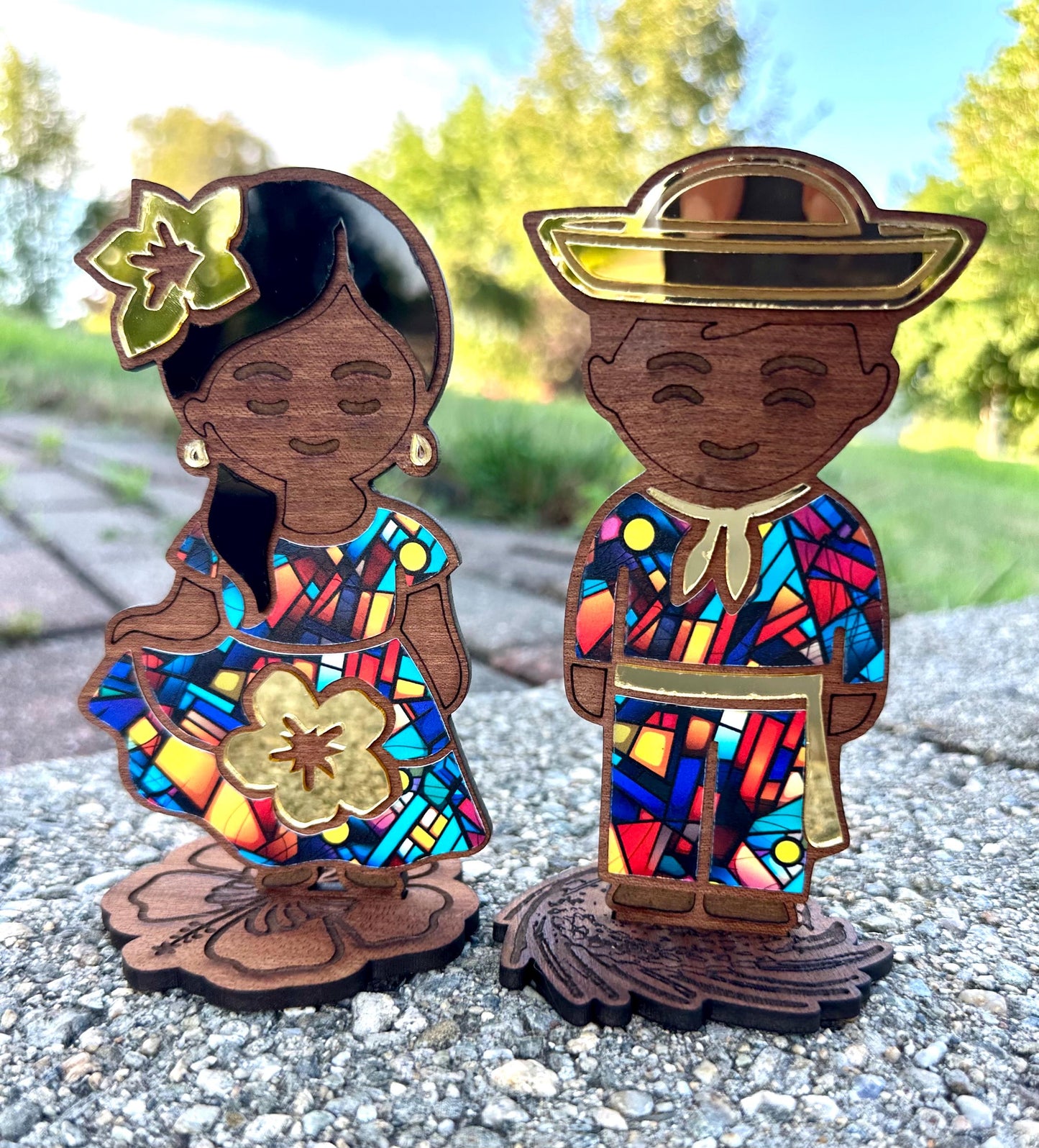 Handmade Puerto Rican Jibaro plena bomba Dancers, Flor de Maga & Pava Hat