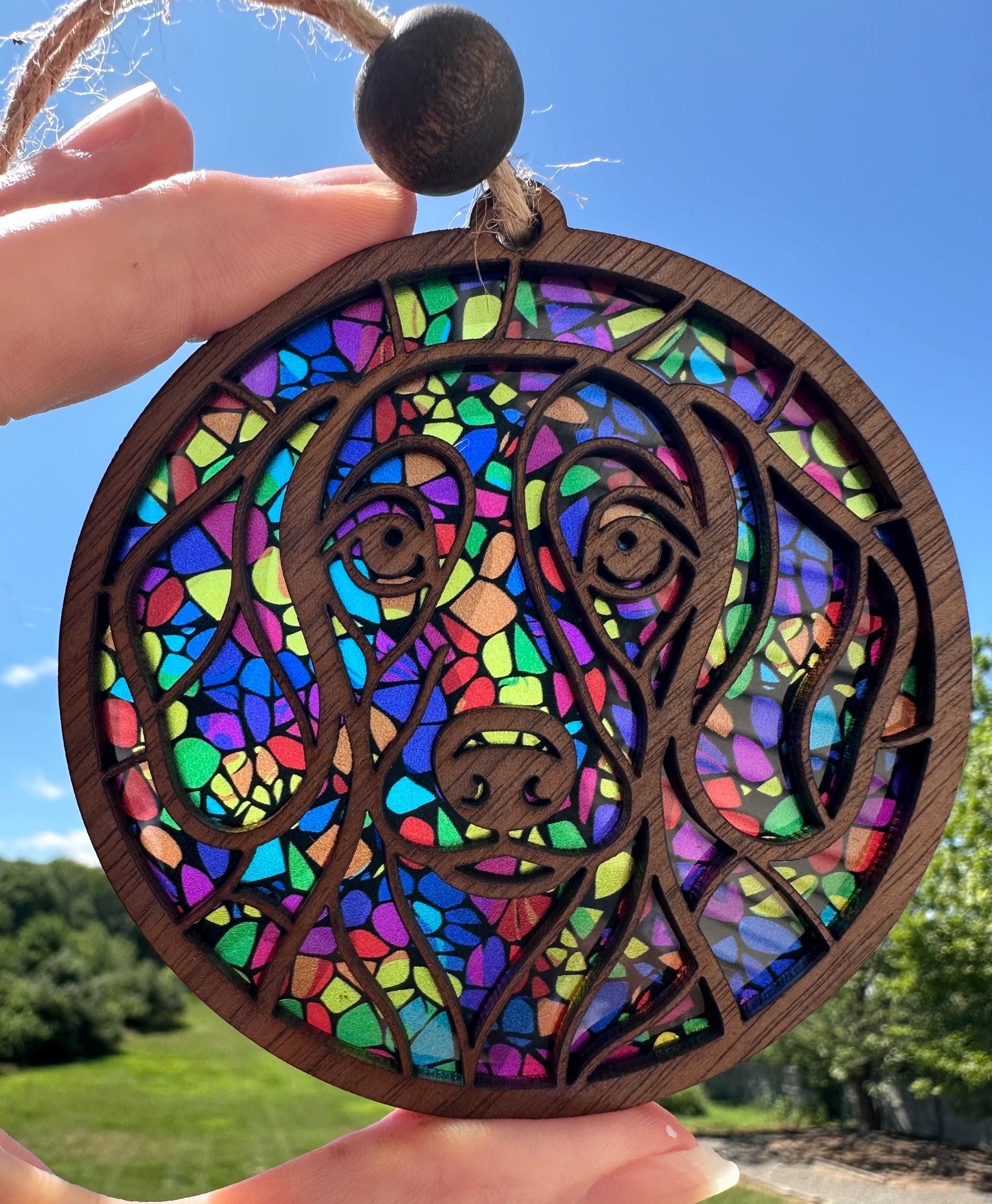 Walnut Wood Dog Breed Ornament: Stained Glass look Suncatcher Car Charm