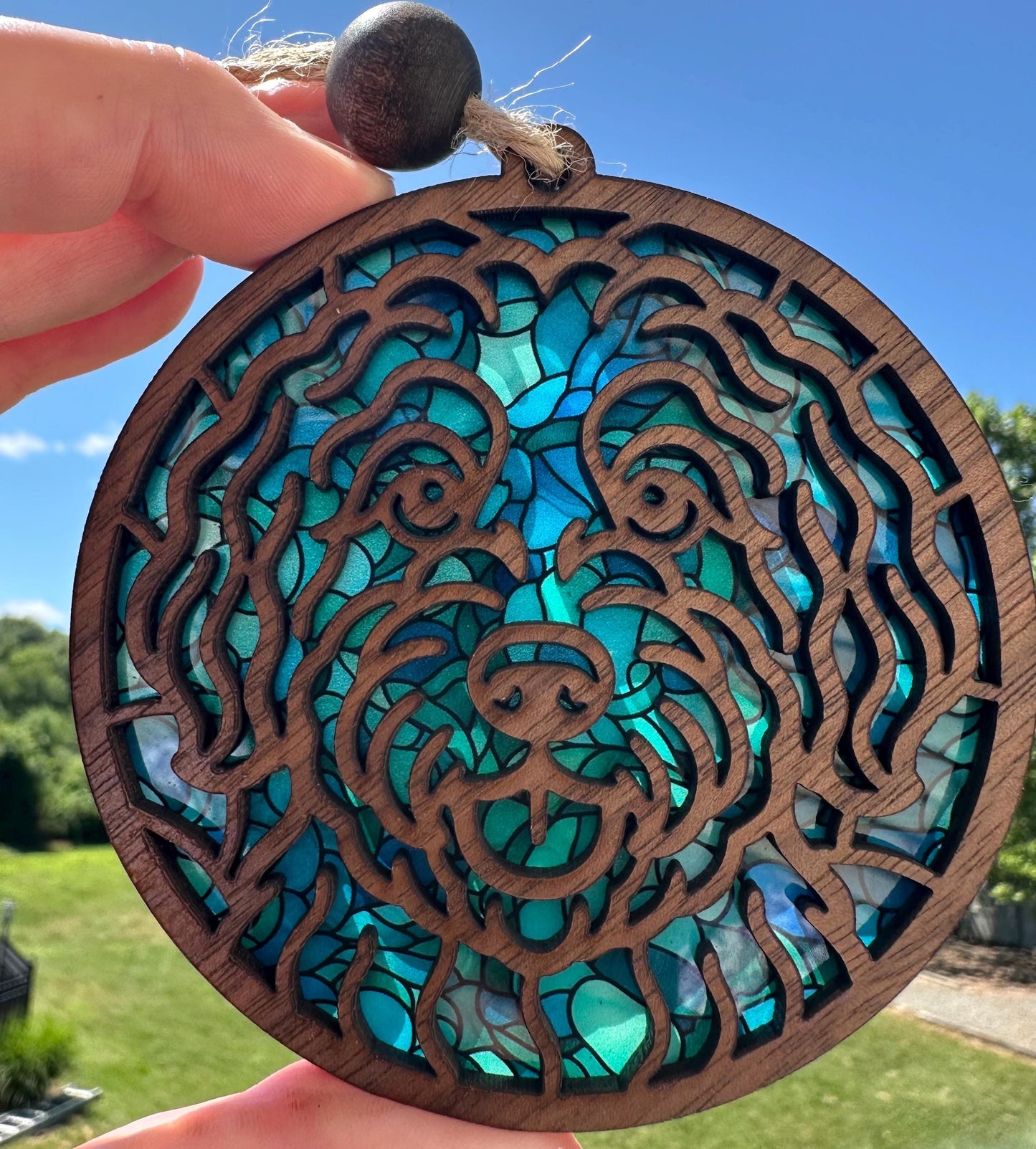 Walnut Wood Dog Breed Ornament: Stained Glass look Suncatcher Car Charm
