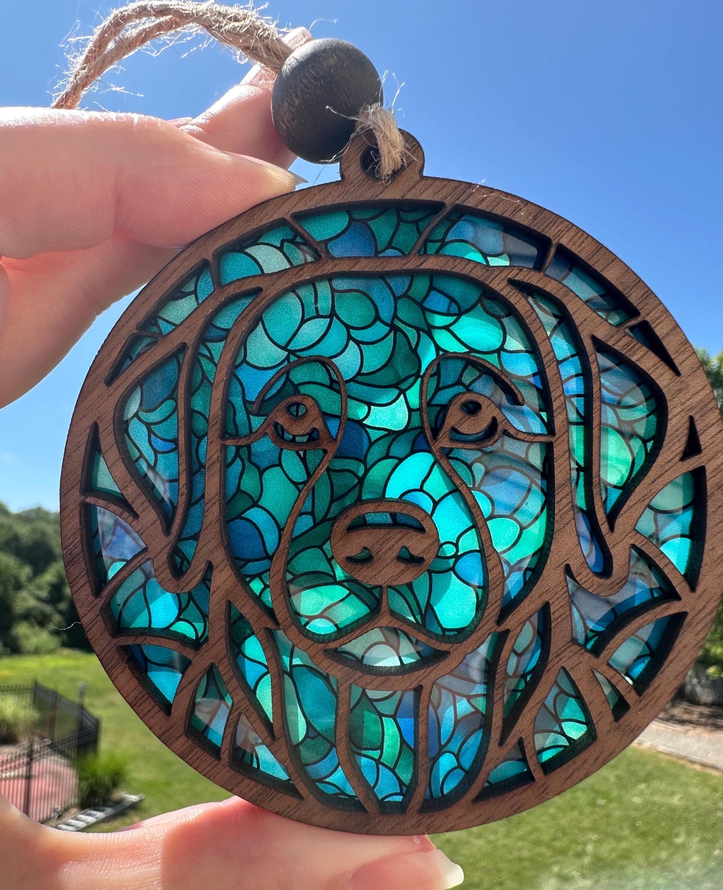 Walnut Wood Dog Breed Ornament: Stained Glass look Suncatcher Car Charm