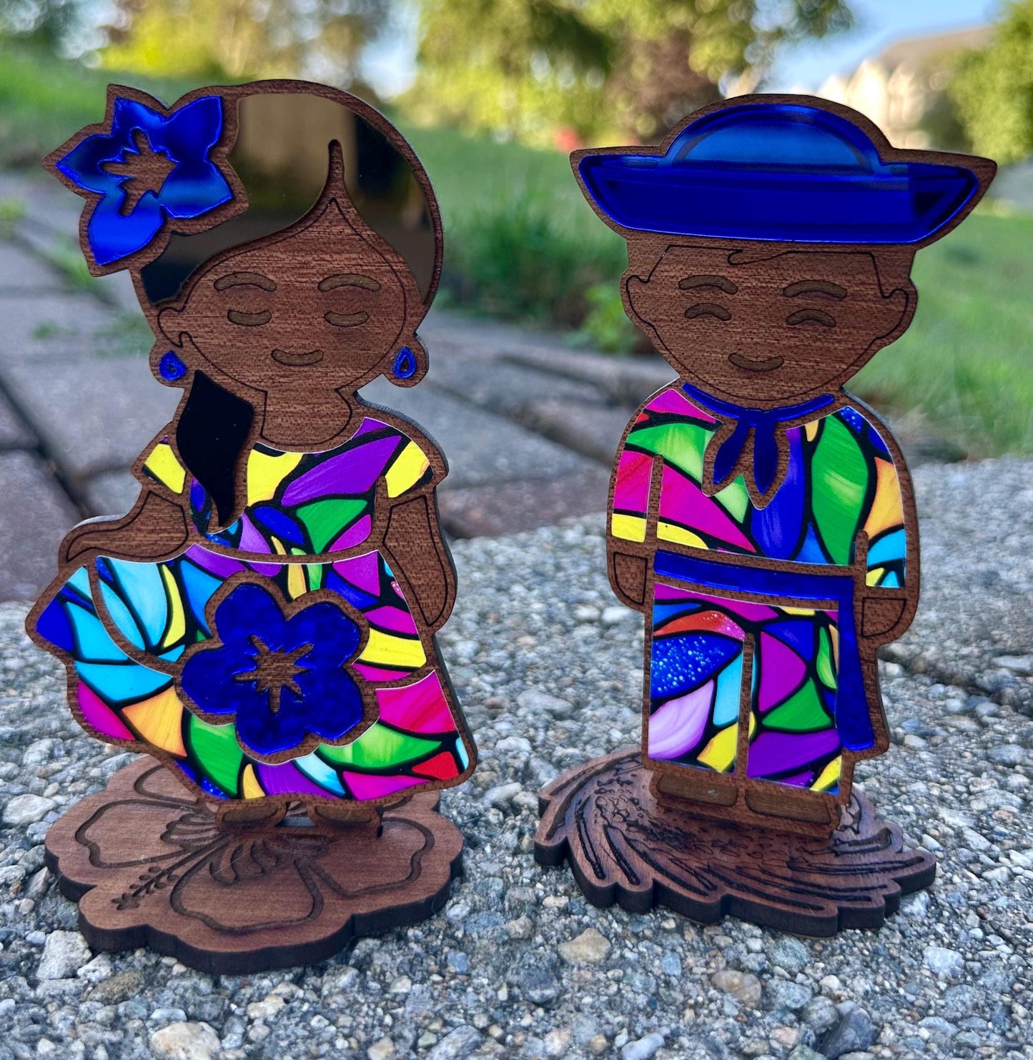 Handmade Puerto Rican Jibaro plena bomba Dancers, Flor de Maga & Pava Hat