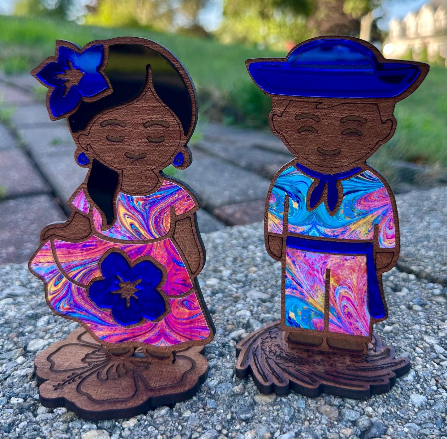 Handmade Puerto Rican Jibaro plena bomba Dancers, Flor de Maga & Pava Hat