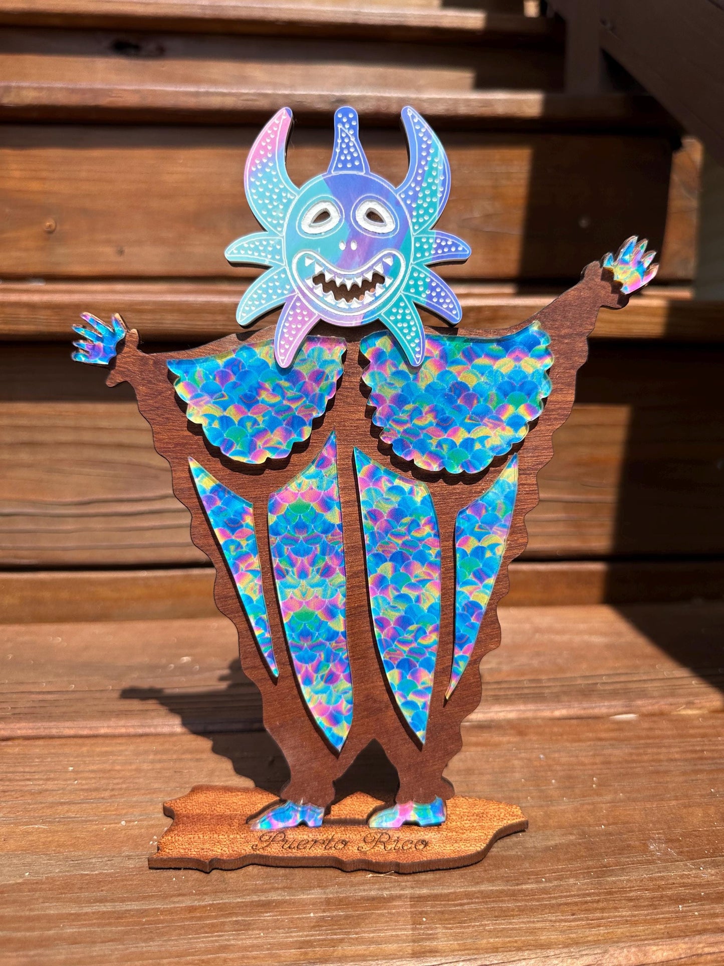 Colorful Vejigante carnival mask wood statue for desk or shelf, Puerto Rico art, house warming gift for Puerto Rican, homesick Puerto Rico
