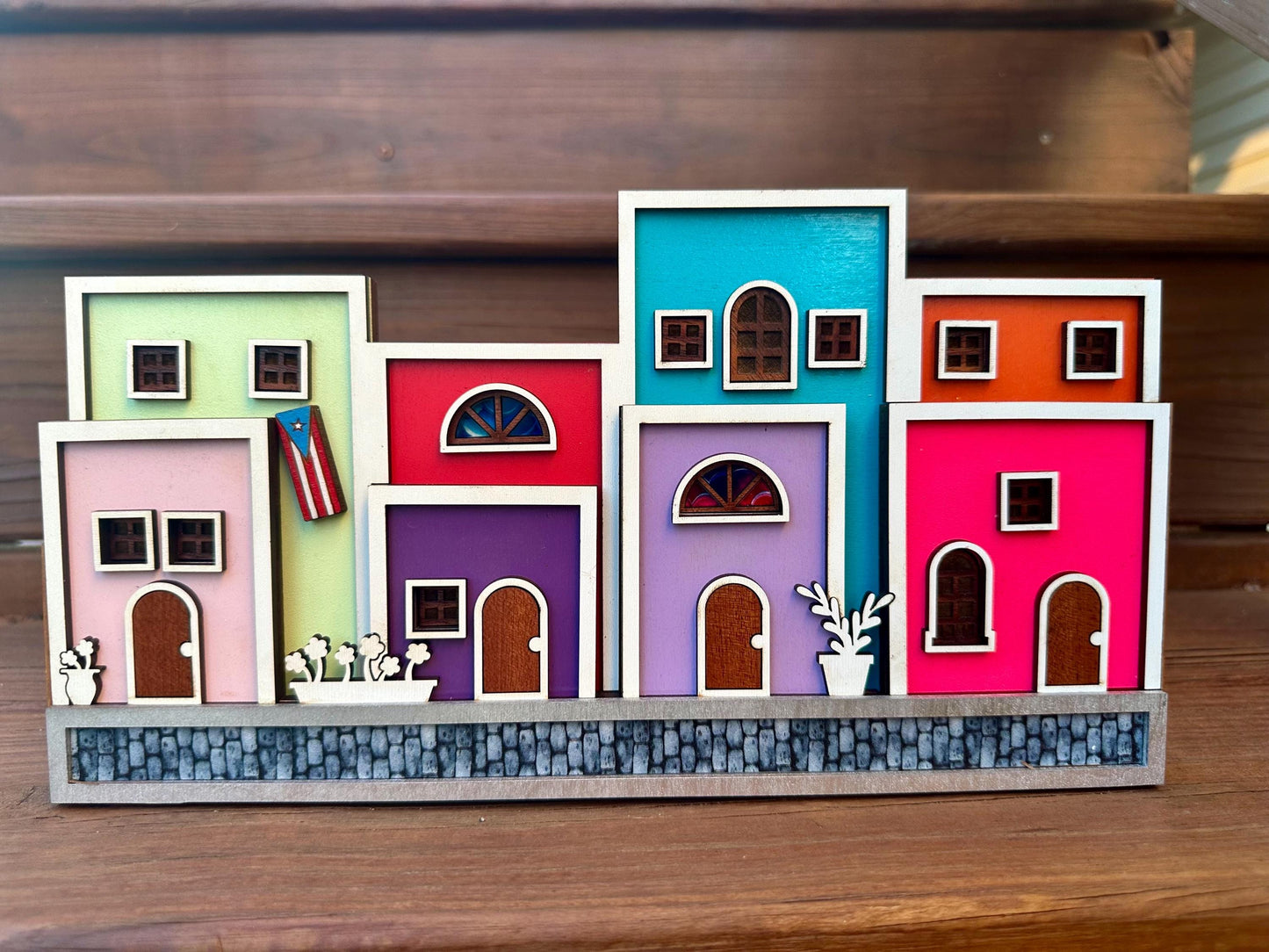Viejo San Juan houses shelf sitter, Puerto Rico art cobble stone street scene decor, christmas gift for Puerto Rican mother, Boricua gift