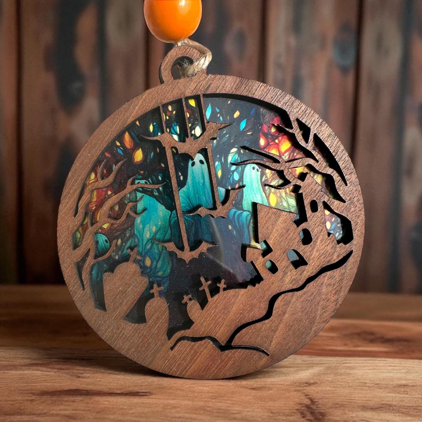 Walnut Halloween Car Charm: Haunted House, Ghost Graveyard Suncatcher