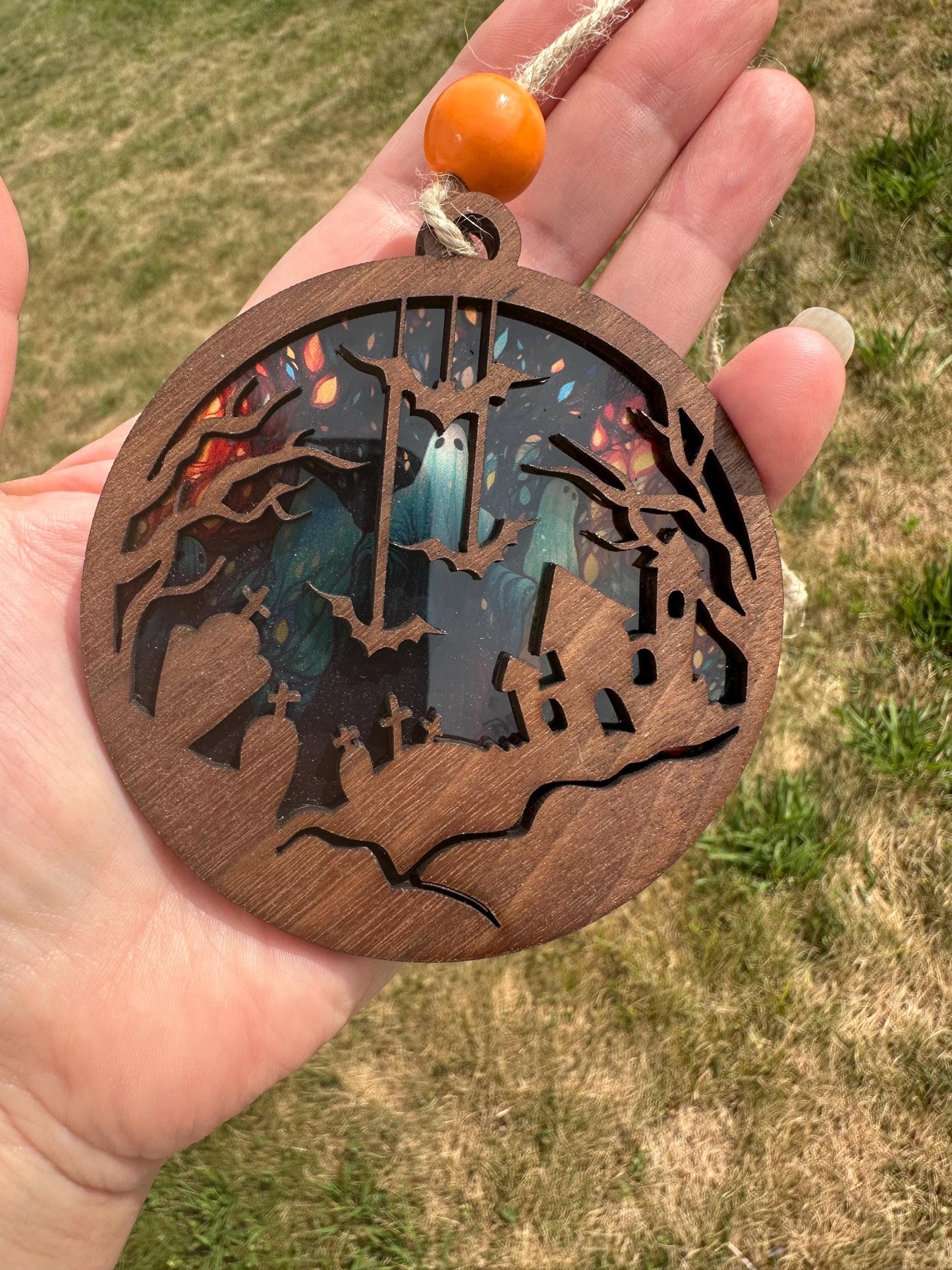 Walnut Halloween Car Charm: Haunted House, Ghost Graveyard Suncatcher