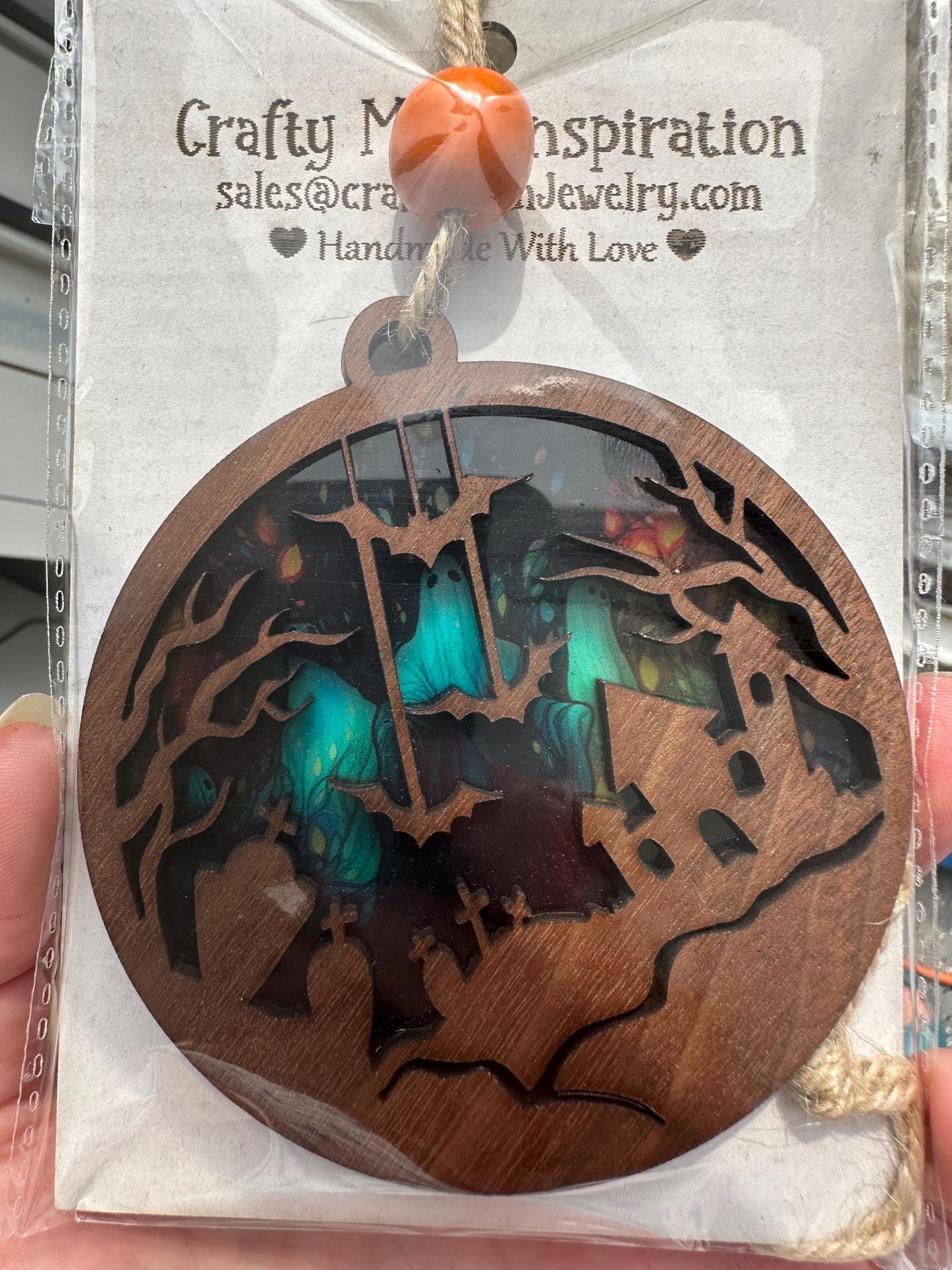 Walnut Halloween Car Charm: Haunted House, Ghost Graveyard Suncatcher
