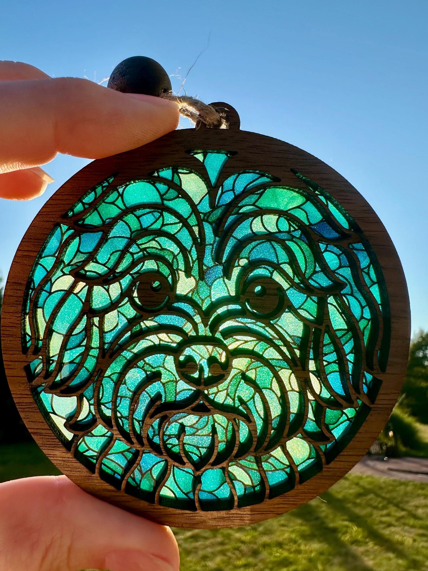 Walnut Wood Dog Breed Ornament: Stained Glass look Suncatcher Car Charm