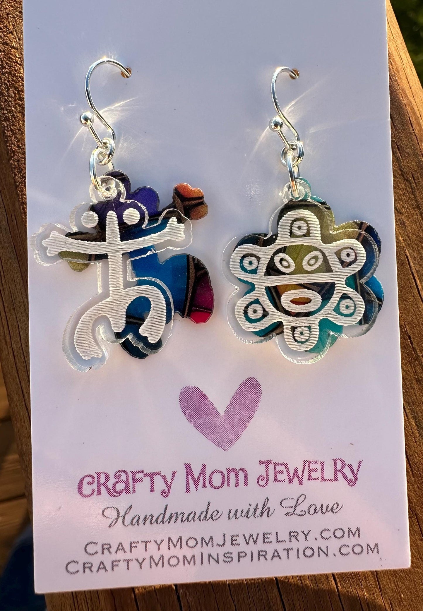 Taino coqui and sol swinging lightweight earrings, Puerto Rican acrylic engraved dangles small, colorful unique jewelry