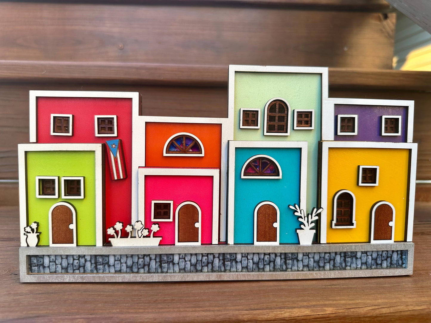 Viejo San Juan houses shelf sitter, Puerto Rico art cobble stone street scene decor, christmas gift for Puerto Rican mother, Boricua gift