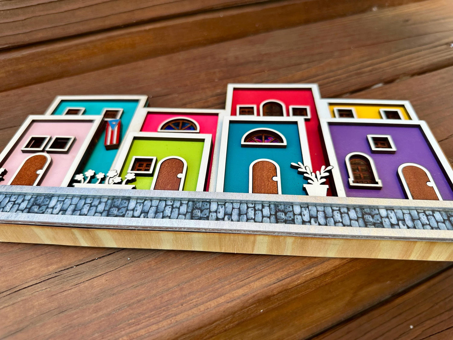 Viejo San Juan houses shelf sitter, Puerto Rico art cobble stone street scene decor, christmas gift for Puerto Rican mother, Boricua gift
