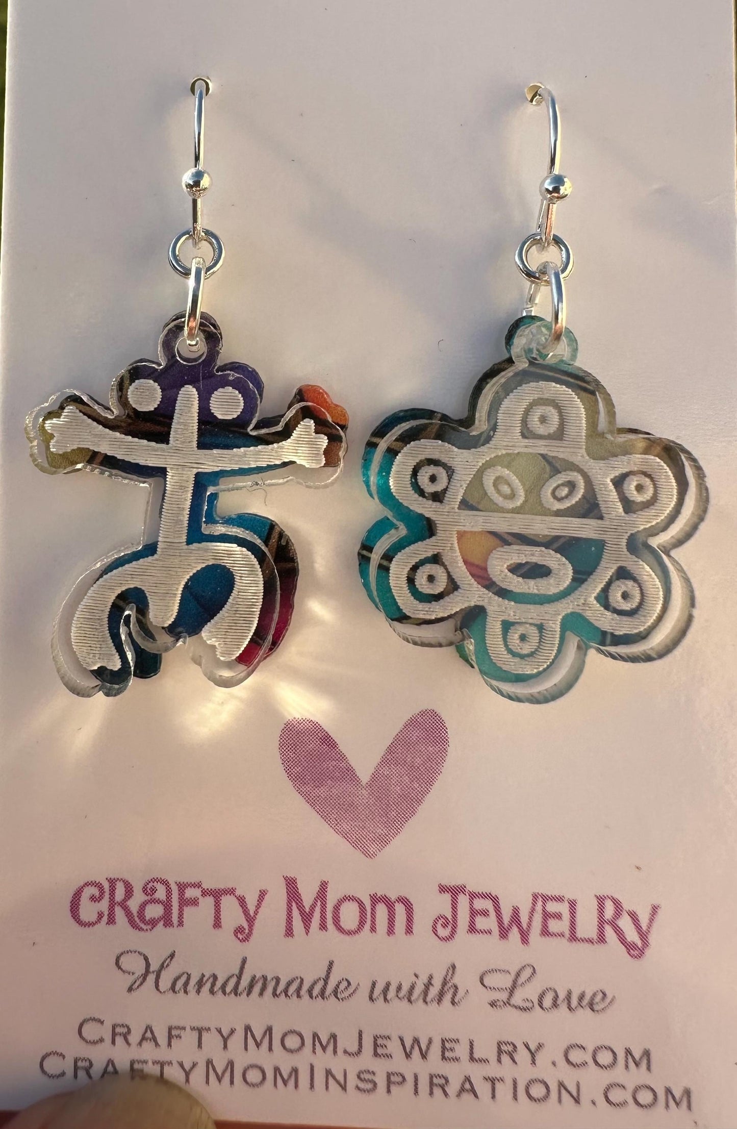 Taino coqui and sol swinging lightweight earrings, Puerto Rican acrylic engraved dangles small, colorful unique jewelry
